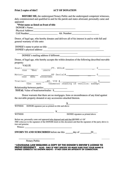Printable Act Of Donation Form